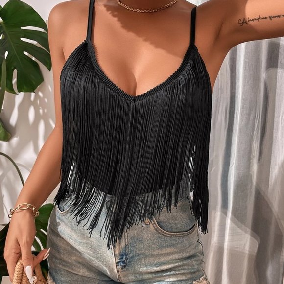 Black Boho Womens Solid Fringe Trim Cami Top - Picture 3 of 5
